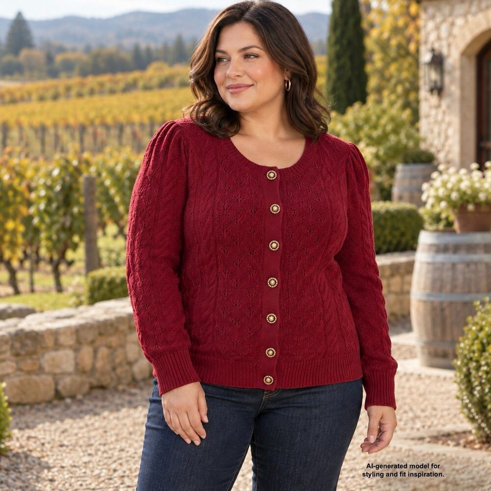 Talbots Pointelle Cable Knit Cardigan 1XP Plus Petite Burgundy Gold Buttons NWT